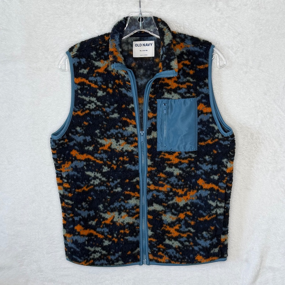 Old Navy Kids XL 14-16 Blue Orange Digital Camo Sherpa Fleece Full Zip Vest